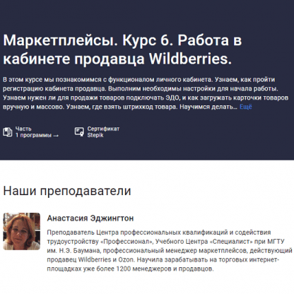 [Анастасия Эджингтон] Маркетплейсы. Курс 6. Работа в кабинете продавца Wildberries (2023) [stepik]